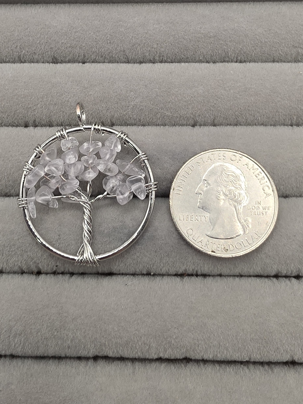 Silver Tree of Life Pendant with Light Pink Gem Chips